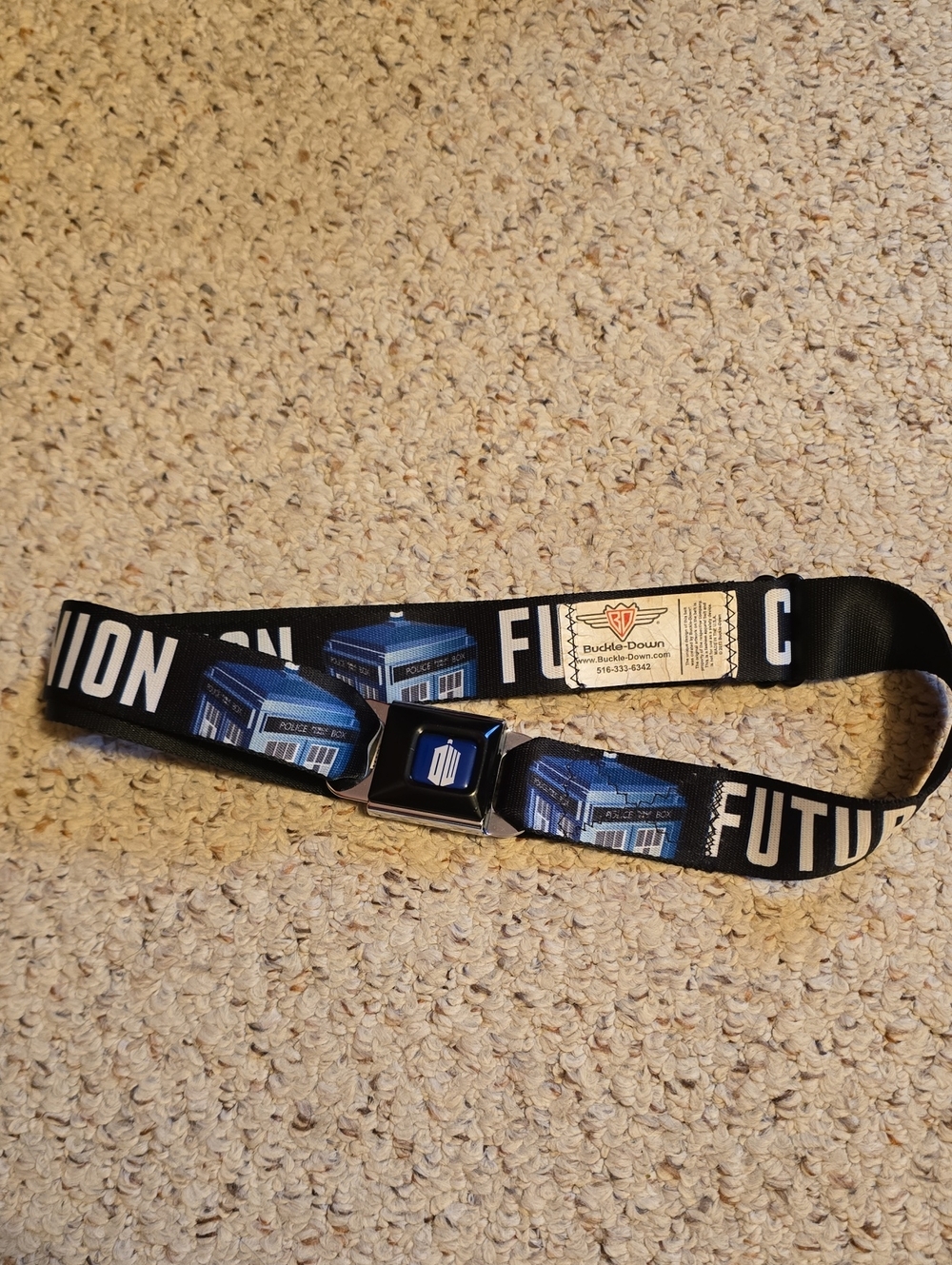 Buckle-Down Black Belt with Blue TARDIS and White Lettering